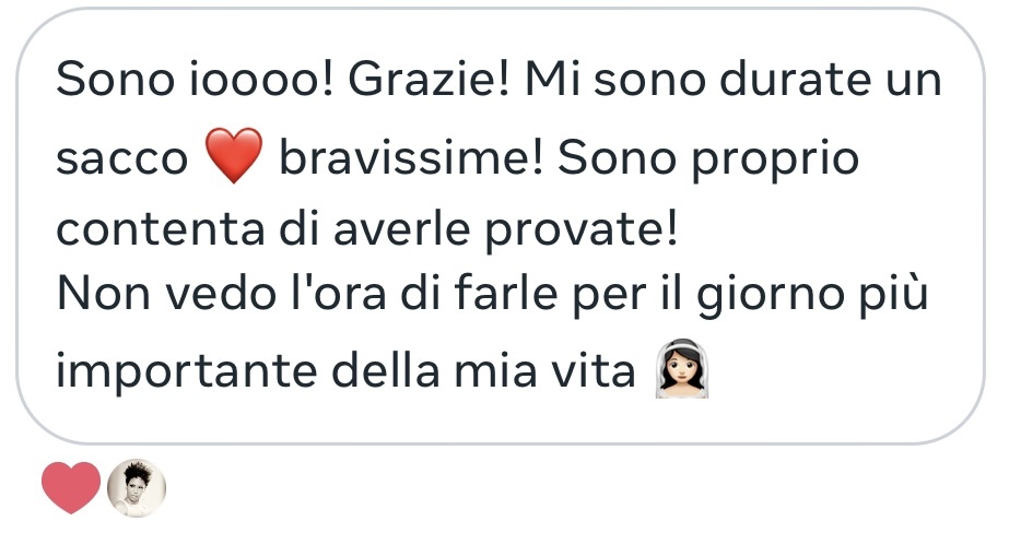 Messaggio di una cliente sposa soddisfatta dell'impianto di prova — Lena Lashes Milano