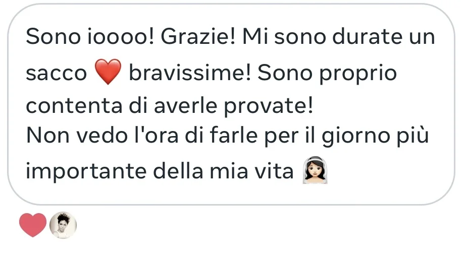 Messaggio di una cliente sposa soddisfatta dell'impianto di prova — Lena Lashes Milano