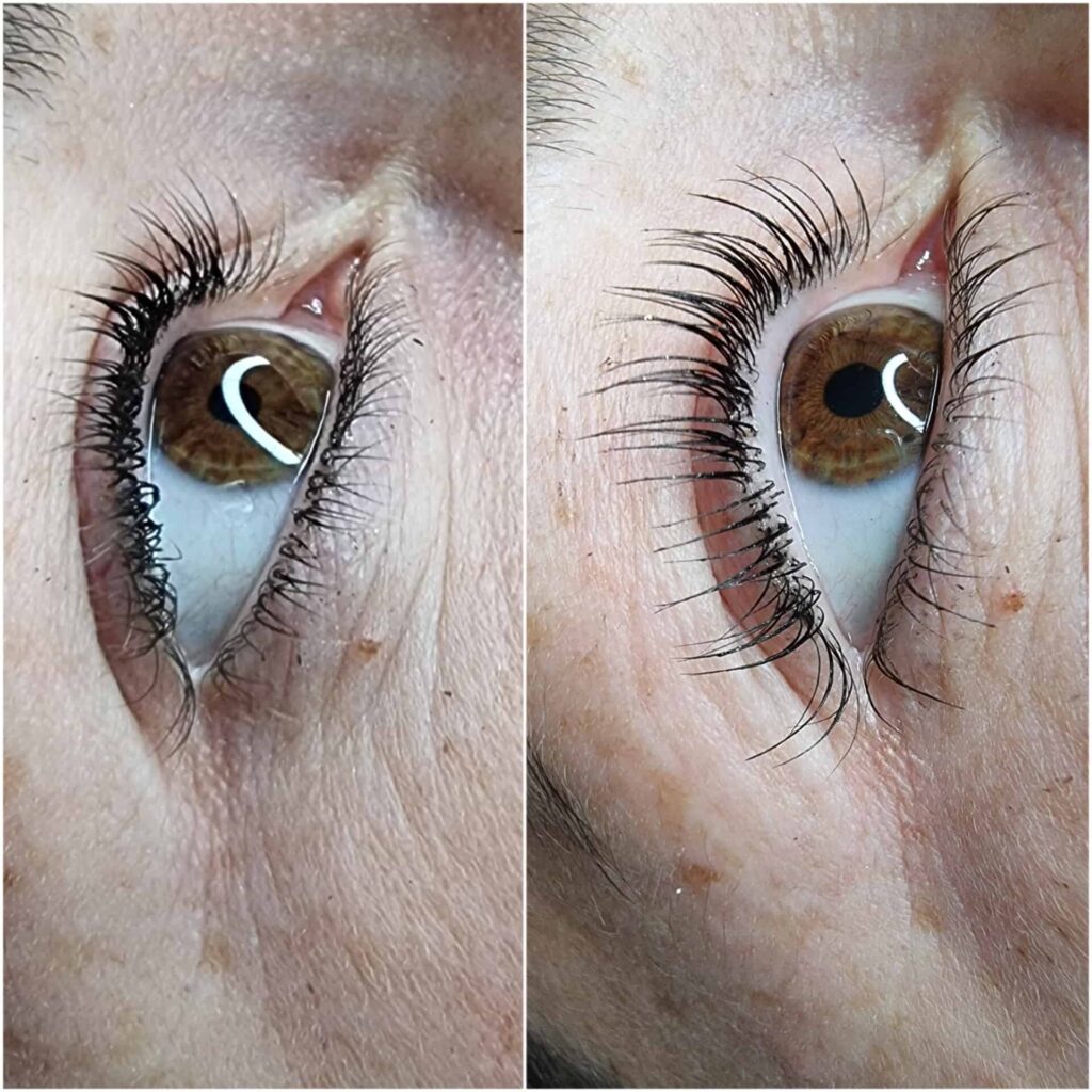 ciglia con residui di mascara a confronto con ciglia con dopo una laminazione.